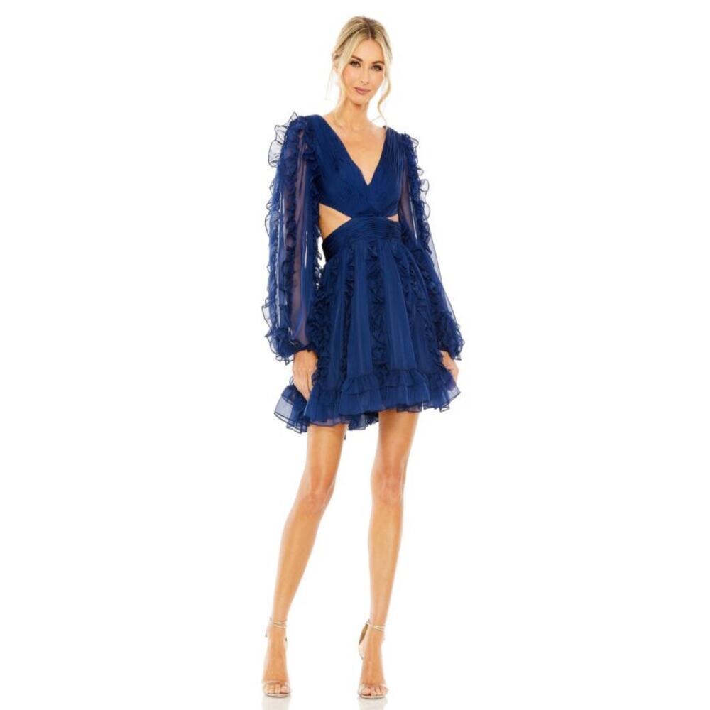 Mac Duggal 68418 Blue Ruffle Sleeve Cut Out Mini Dress Sz 4 NWT Homecoming